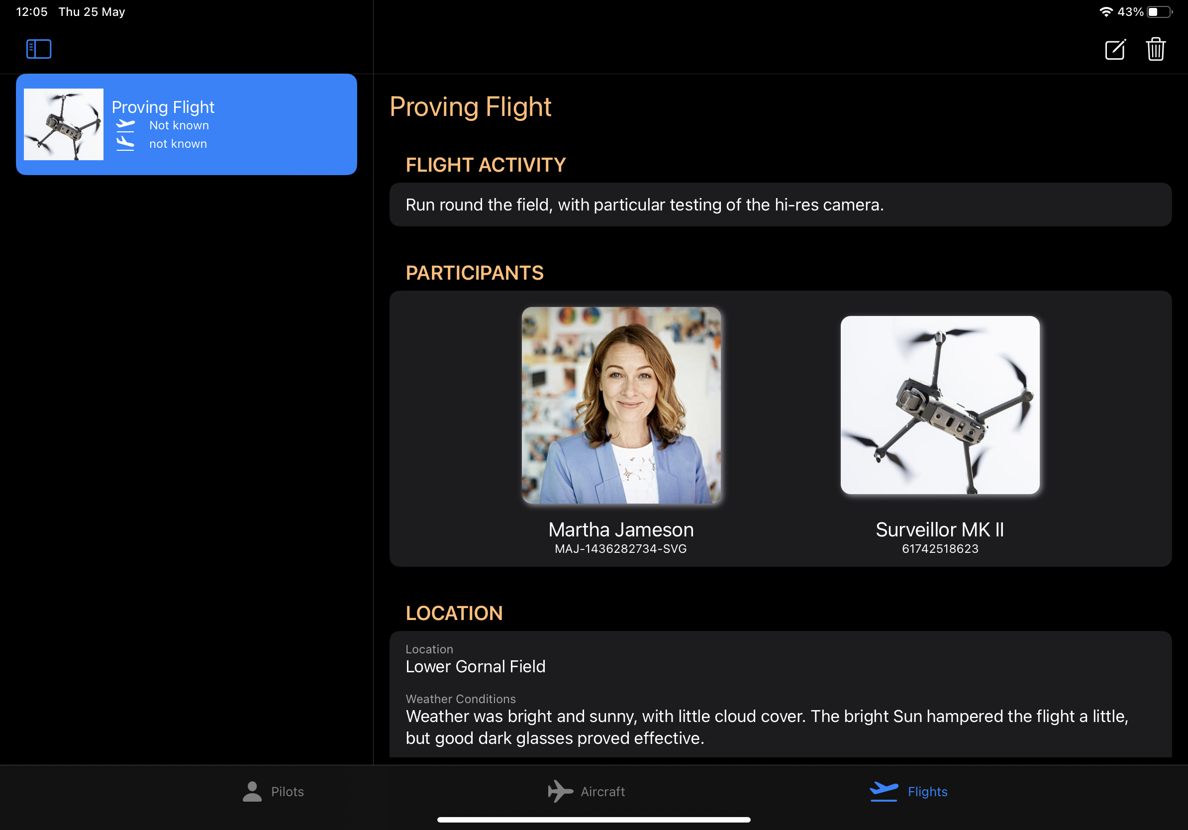 Remote control aircraft flight logging